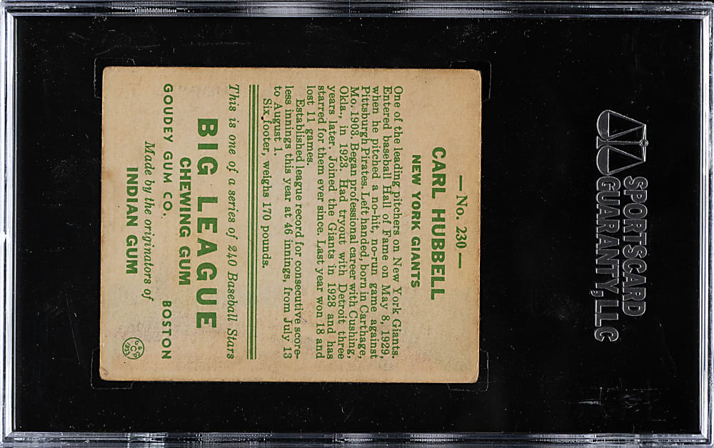 1933 R319 Goudey #230 Carl Hubbell SGC VG/EX 50
