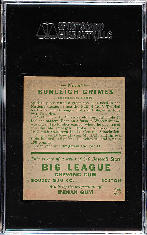 1933 R319 Goudey #64 Burleigh Grimes SGC VG 40