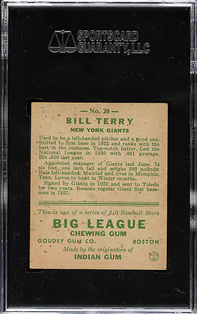 1933 R319 Goudey #20 Bill Terry SGC VG 40