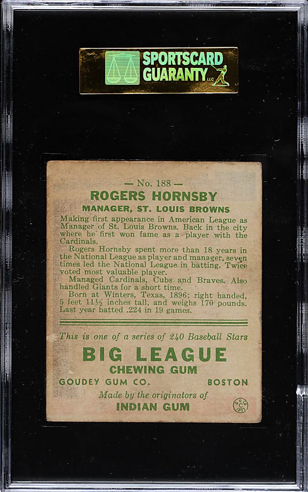 1933 R319 Goudey #188 Rogers Hornsby SGC VG 40