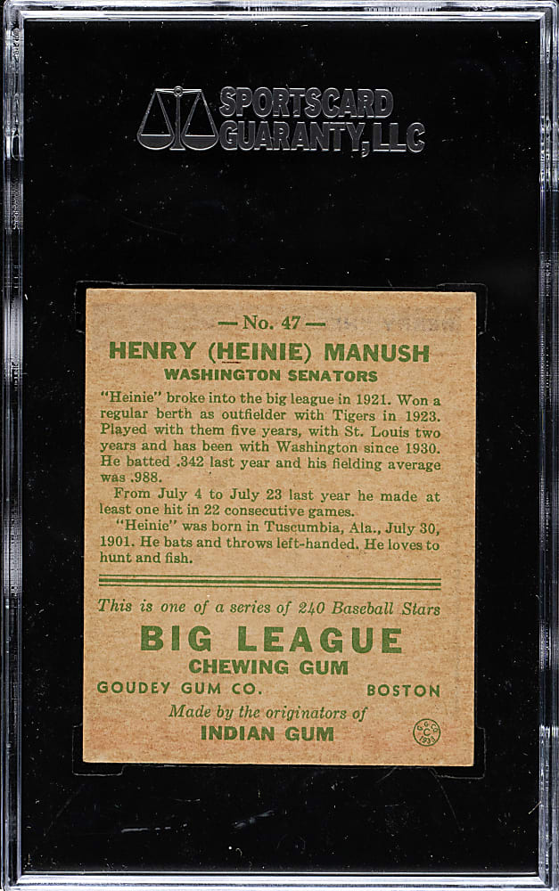 1933 R319 Goudey #47 Heinie Manush SGC VG 40