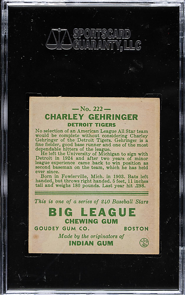 1933 R319 Goudey #222 Charley Gehringer SGC EX 60