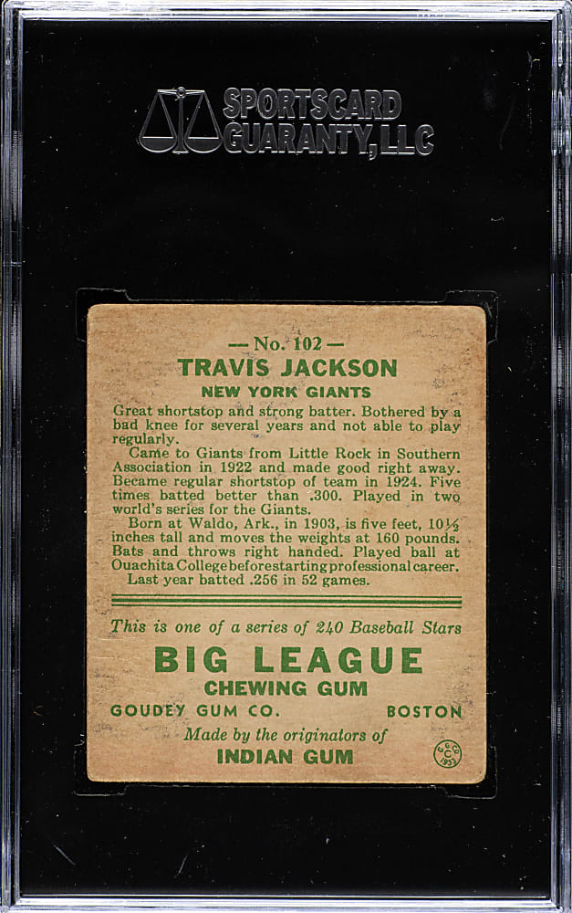 1933 R319 Goudey #102 Travis C. Jackson SGC GOOD 30