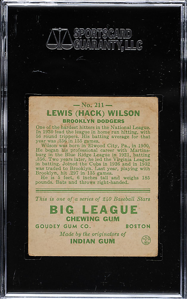 1933 R319 Goudey #211 Hack Wilson SGC GOOD+ 35