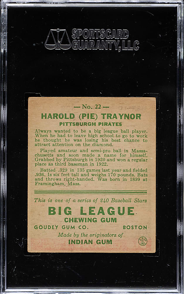 1933 R319 Goudey #22 Pie Traynor SGC VG+ 45