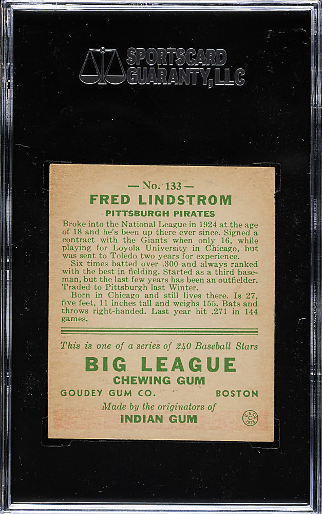 1933 R319 Goudey #133 Fred Lindstrom SGC EX 60