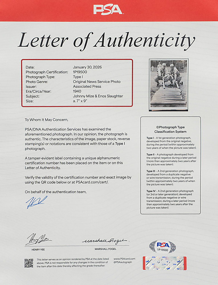 1940 Johnny Mize and Enos Slaughter Original Associated Press News Service Photograph - PSA/DNA Type I