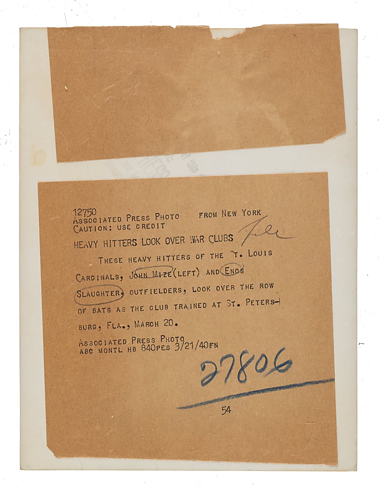 1940 Johnny Mize and Enos Slaughter Original Associated Press News Service Photograph - PSA/DNA Type I