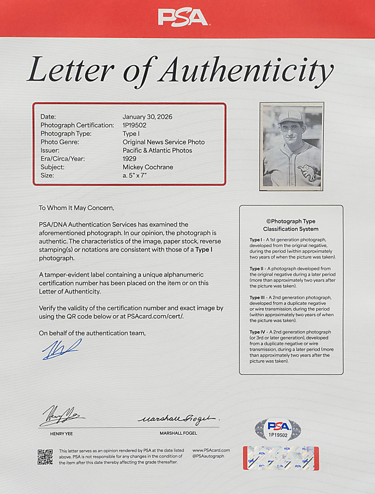 1929 Mickey Cochrane Original Pacific & Atlantic News Service Photograph - PSA/DNA Type I