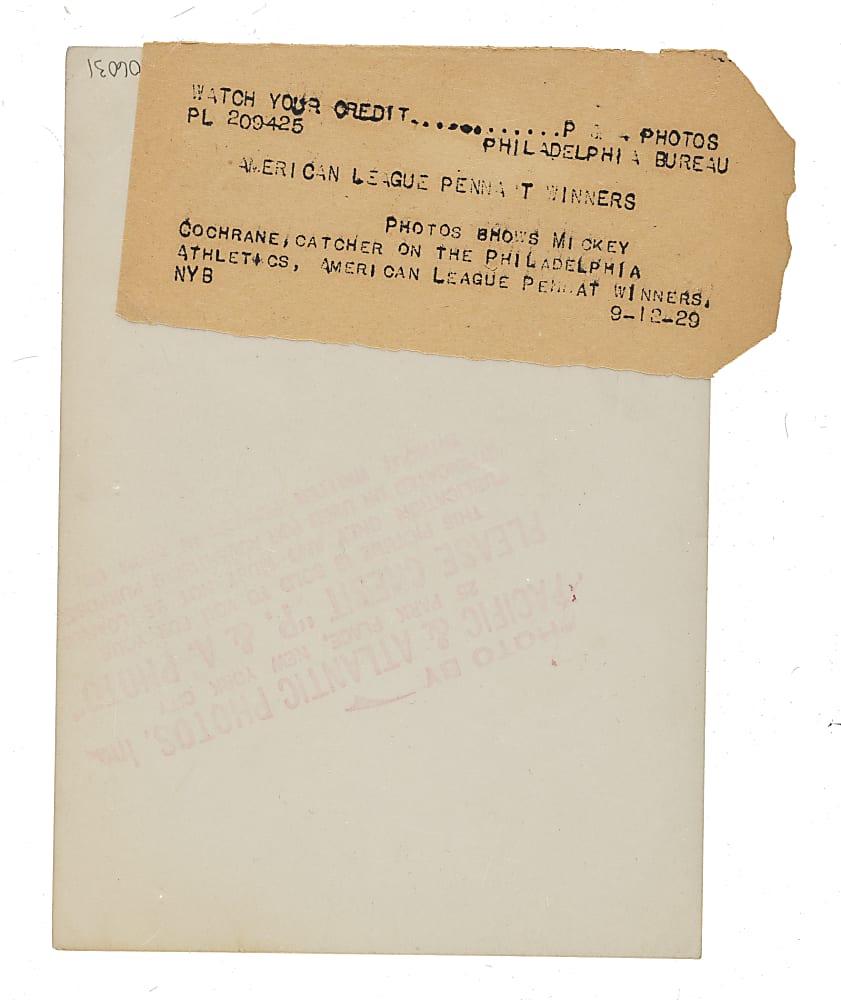 1929 Mickey Cochrane Original Pacific & Atlantic News Service Photograph - PSA/DNA Type I