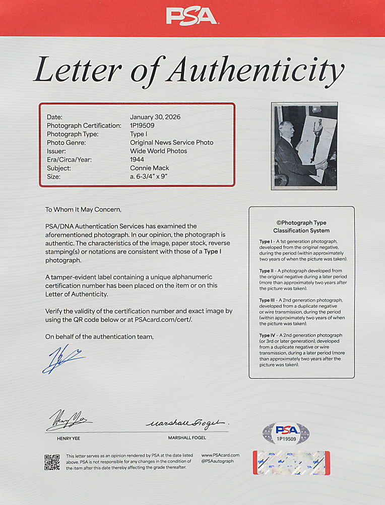 1944 Connie Mack Original Wide World News Service Photograph - PSA/DNA Type I