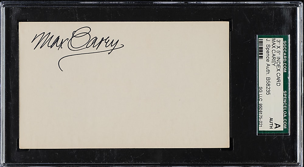 Max Carey Signed Index Card - SGC/JSA