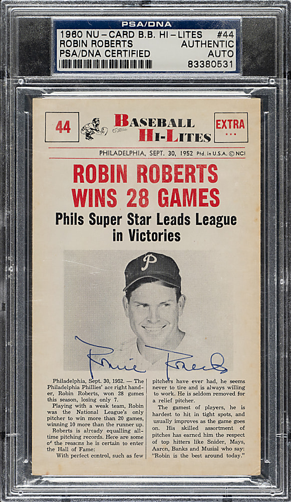 Signed 1960 Nu-Card Baseball Hi-Lites #44 Robin Roberts - PSA/DNA