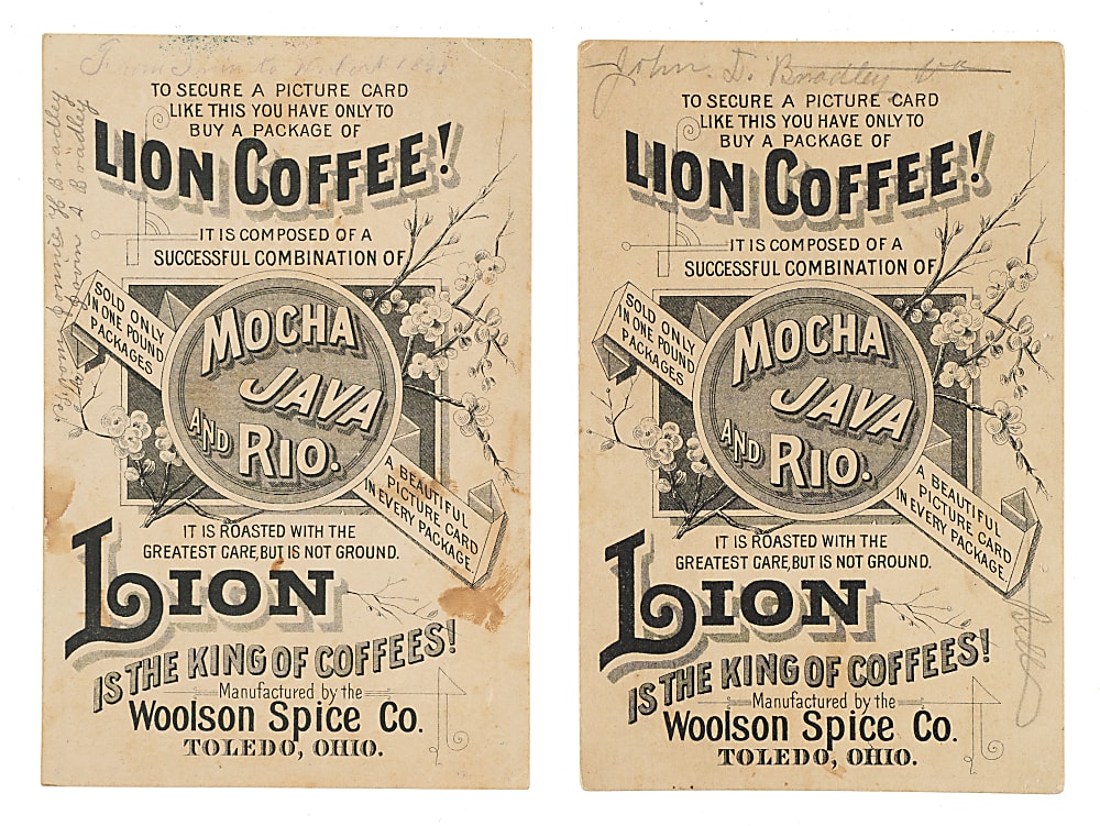 Circa 1891 Woolson Spice Co. Lion Coffee Baseball Trade Card Pair