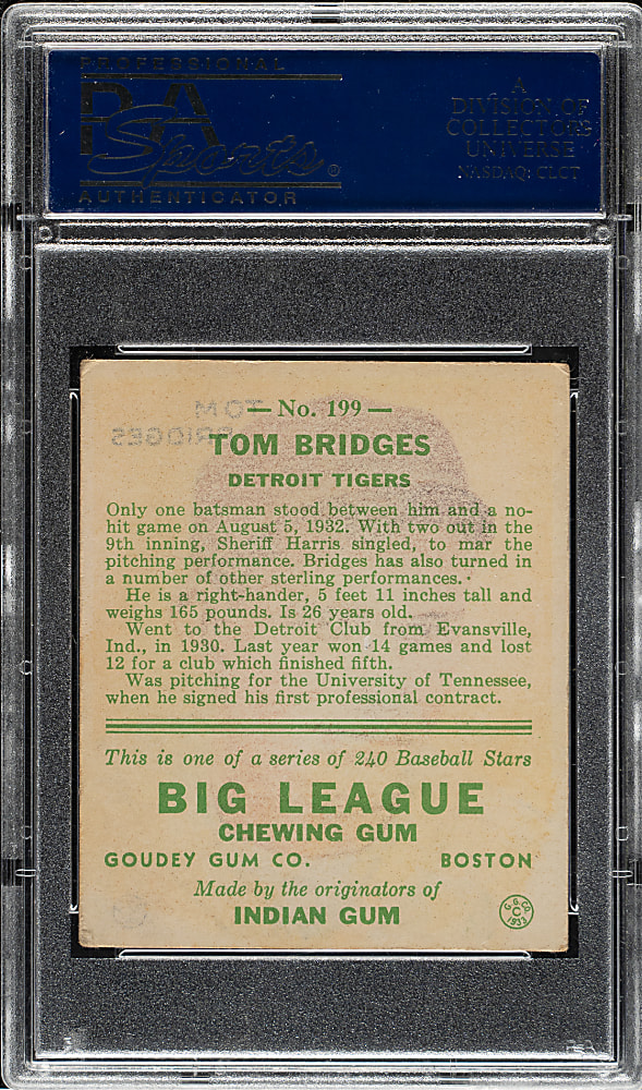 1933 R319 Goudey #199 Tom Bridges PSA VG-EX 4