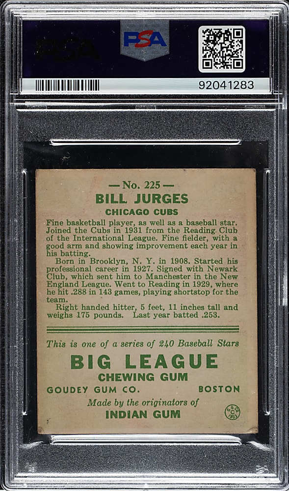 1933 R319 Goudey #225 Bill Jurges PSA VG-EX 4
