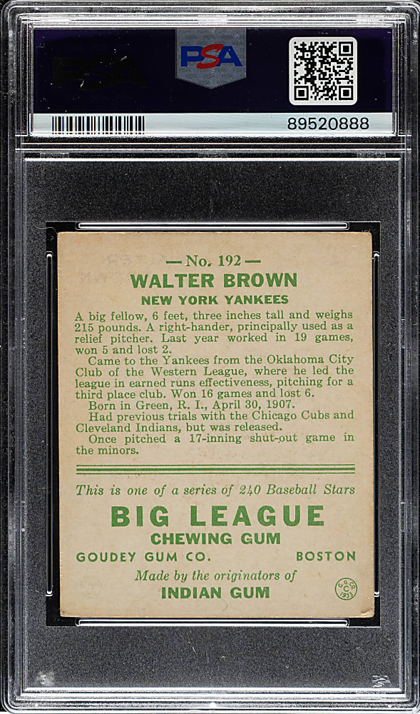 1933 R319 Goudey #192 Walter Brown PSA VG-EX 4