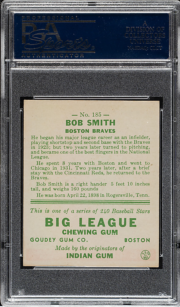 1933 R319 Goudey #185 Bob Smith PSA EX-MT 6