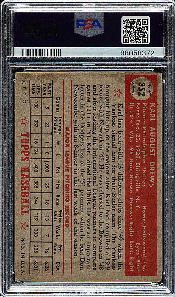 1952 Topps #352 Karl Drews High Number PSA VG-EX 4