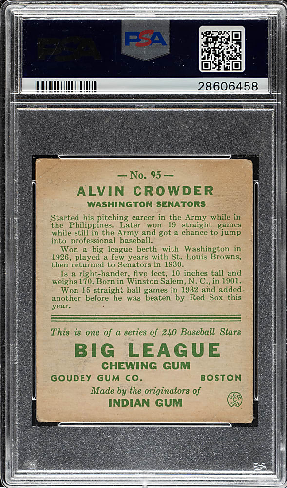 1933 R319 Goudey #95 Alvin Crowder PSA VG+ 3.5