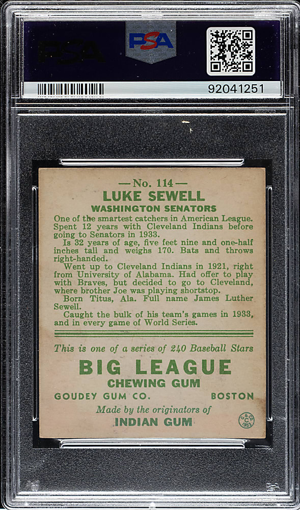 1933 R319 Goudey #114 Luke Sewell PSA EX 5