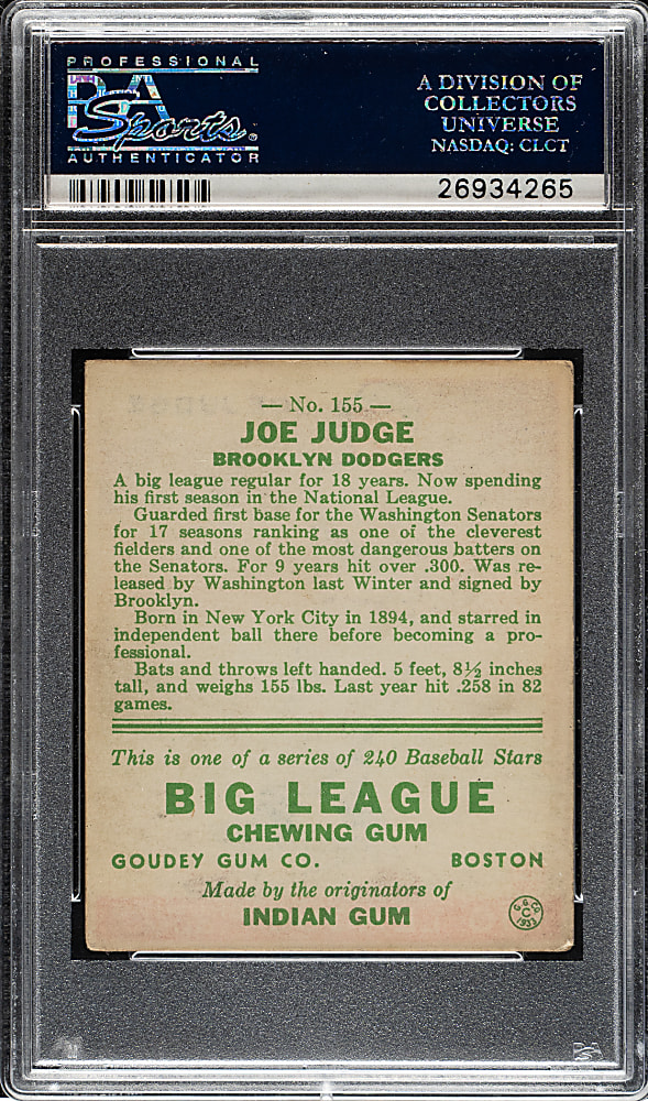 1933 R319 Goudey #155 Joe Judge PSA VG-EX 4