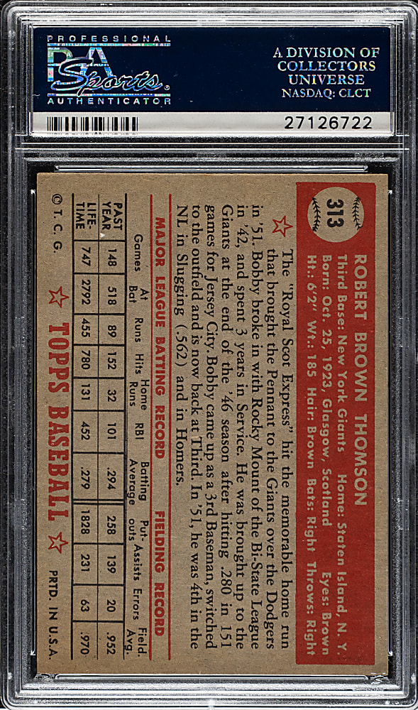 1952 Topps #313 Bobby Thomson High Number PSA NM 7