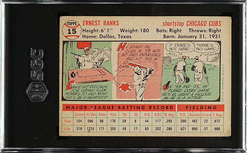 1956 Topps #15 Ernie Banks White Back SGC VG 3