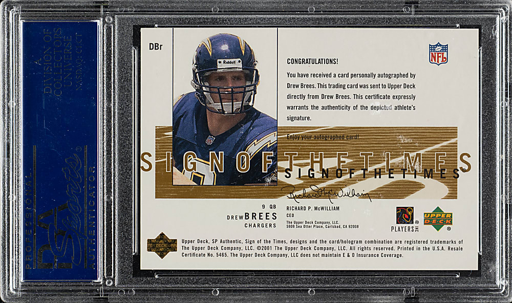 2001 SP Authentic Sign of the Times Football #DBr Drew Brees Rookie Gold #25/25 PSA GEM MINT 10
