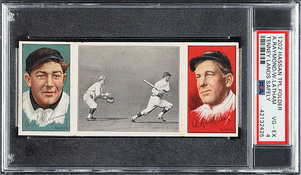 1912 T202 Hassan Triple Folder "Tenney Lands Safely" Raymond/Latham PSA VG-EX 4