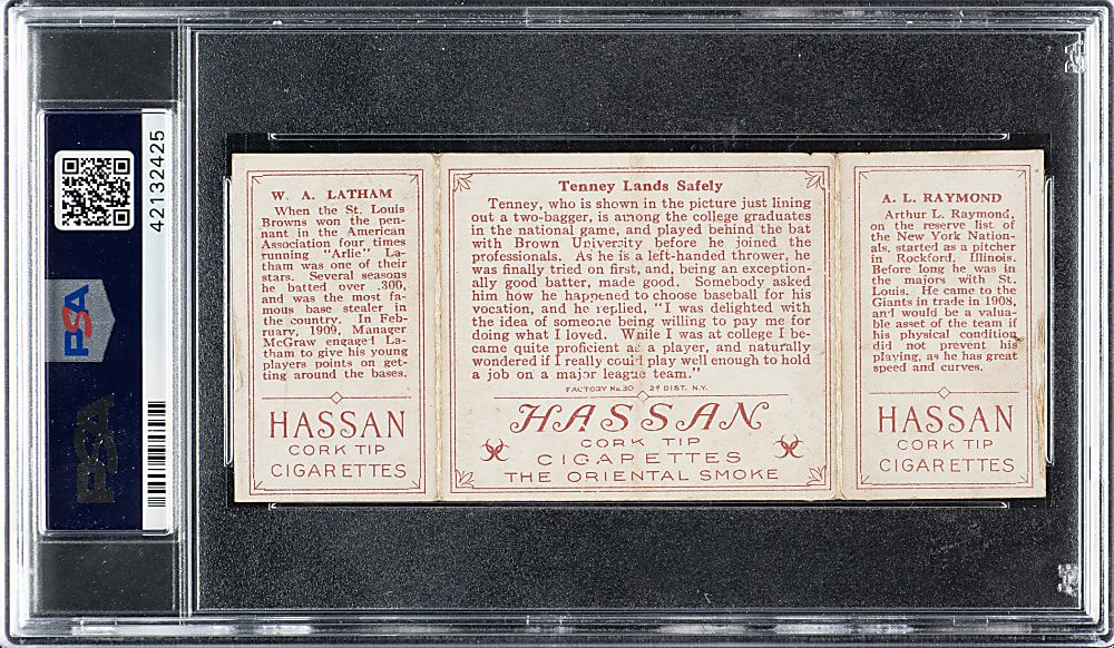 1912 T202 Hassan Triple Folder "Tenney Lands Safely" Raymond/Latham PSA VG-EX 4