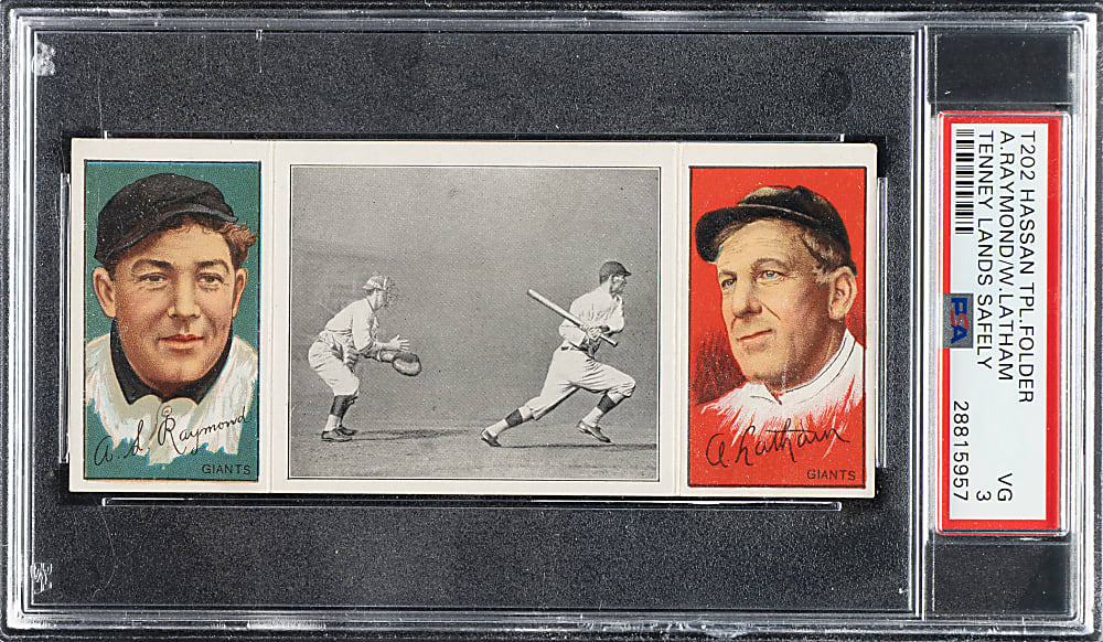 1912 T202 Hassan Triple Folder "Tenney Lands Safely" Raymond/Latham PSA VG 3