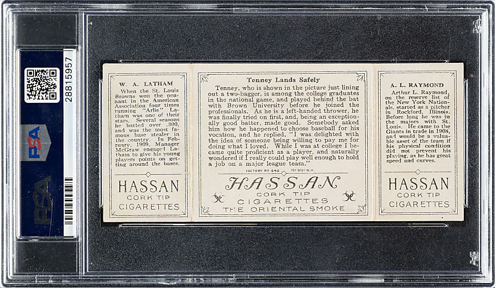 1912 T202 Hassan Triple Folder "Tenney Lands Safely" Raymond/Latham PSA VG 3