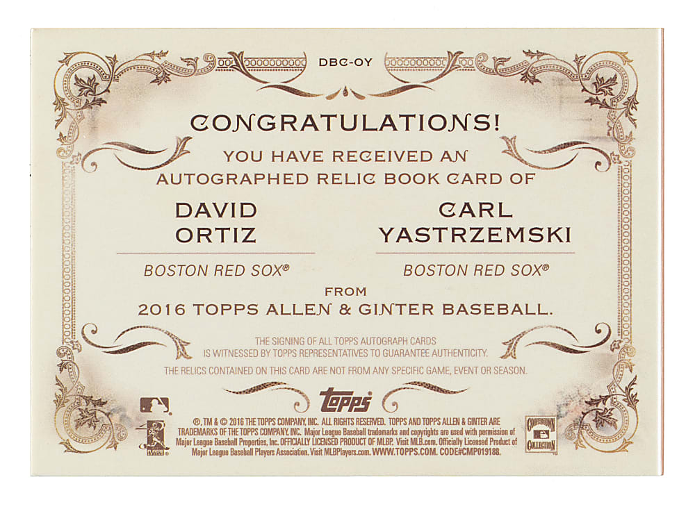 2016 Topps Allen & Ginter Autograph Relic Book #DBC-OY David Ortiz/Carl Yastrzemski #6/10