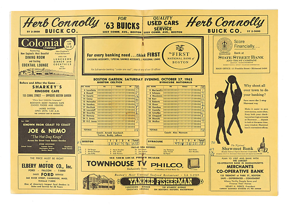 October 27, 1962 Boston Celtics (vs. Syracuse Nationals) Program Signed by Bob Cousy and Tom Heinsohn