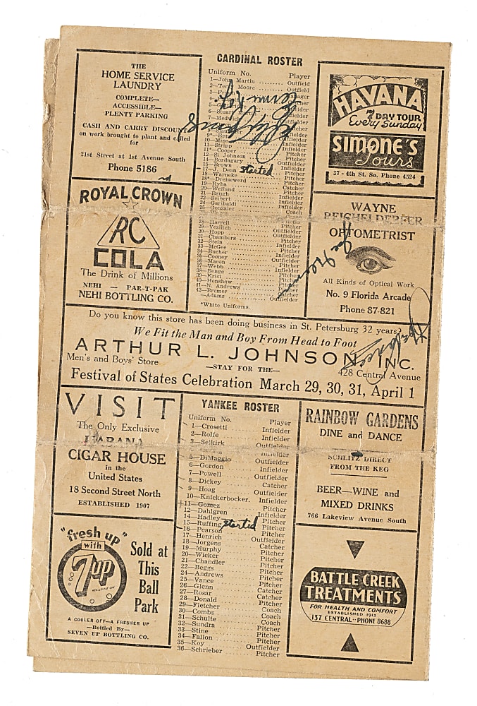 1938 New York Yankees vs. St. Louis Cardinals Multi-Signed Scorecard with Lefty Gomez, Dizzy Dean, and Red Ruffing