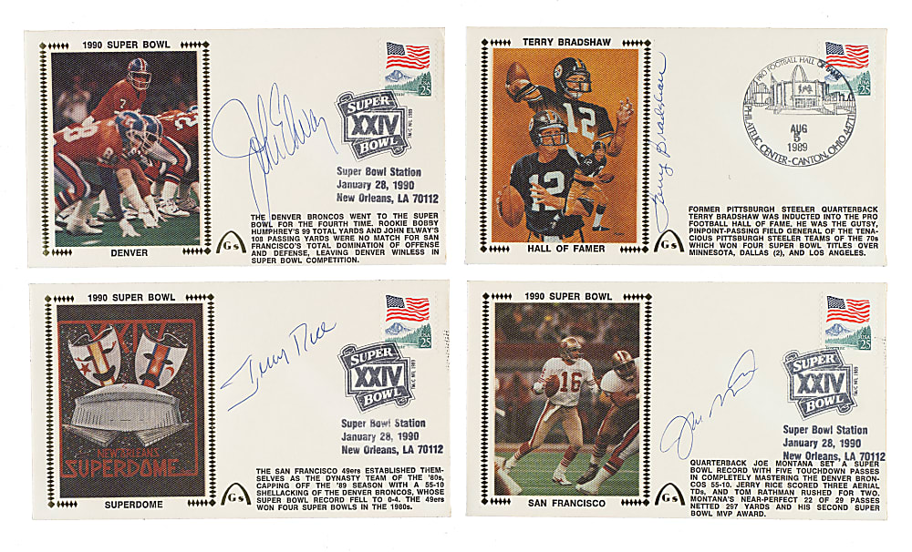 1985 to 1990 Basketball and Football Hall of Fame Signed First-Day Cover Collection (8) Including Joe Namath, Joe Montana, and Kareem Abdul-Jabbar