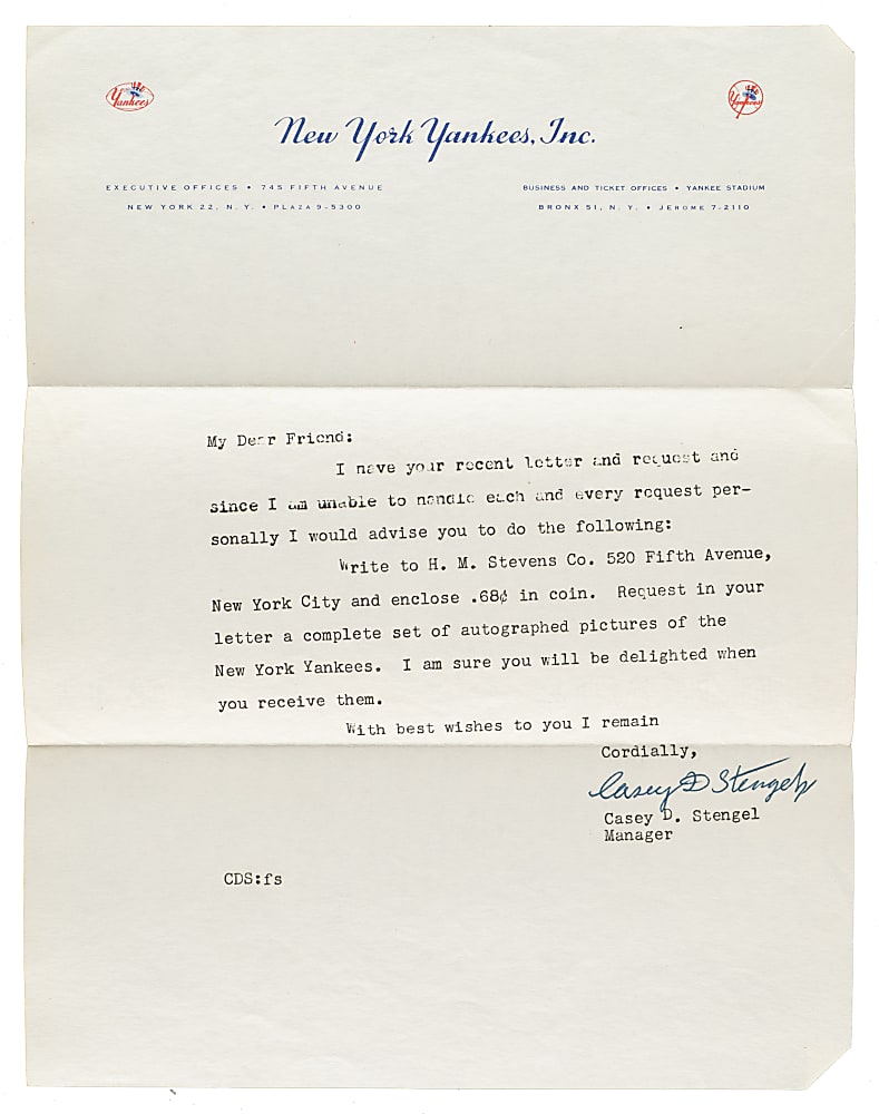 Casey Stengel Signed New York Yankees Letter - JSA