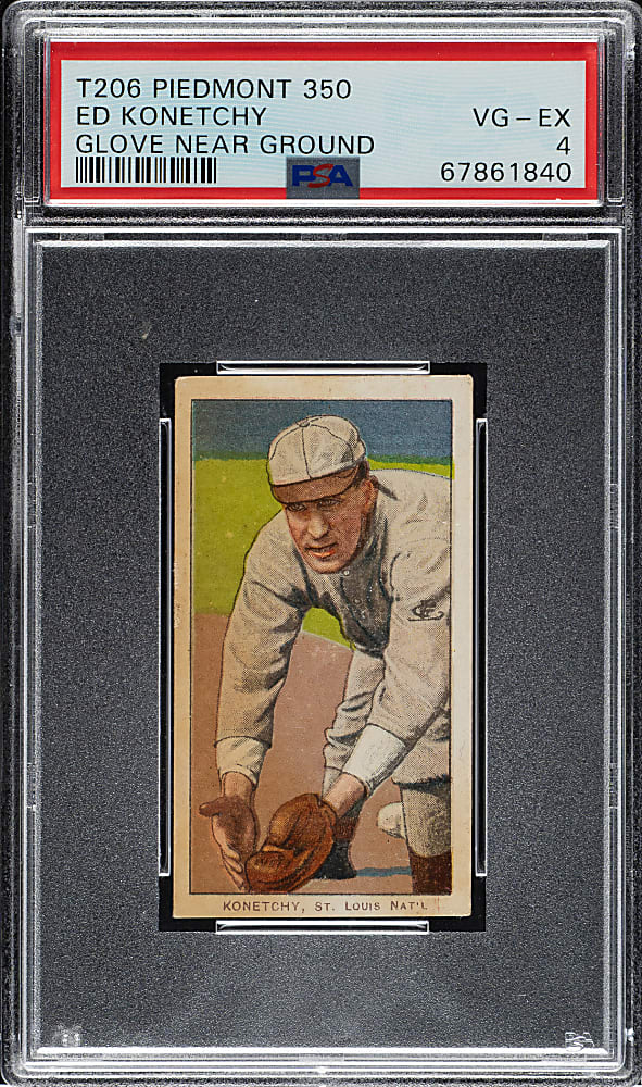1909-1911 T206 White Border Ed Konetchy Glove Near Ground PSA VG-EX 4