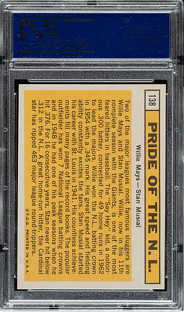 1963 Topps #138 Pride of N.L. with Willie Mays and Stan Musial PSA NM-MT 8