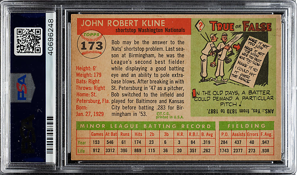 1955 Topps #173 Bob Kline PSA NM-MT 8