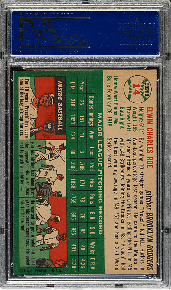 1954 Topps #14 Preacher Roe PSA NM-MT 8