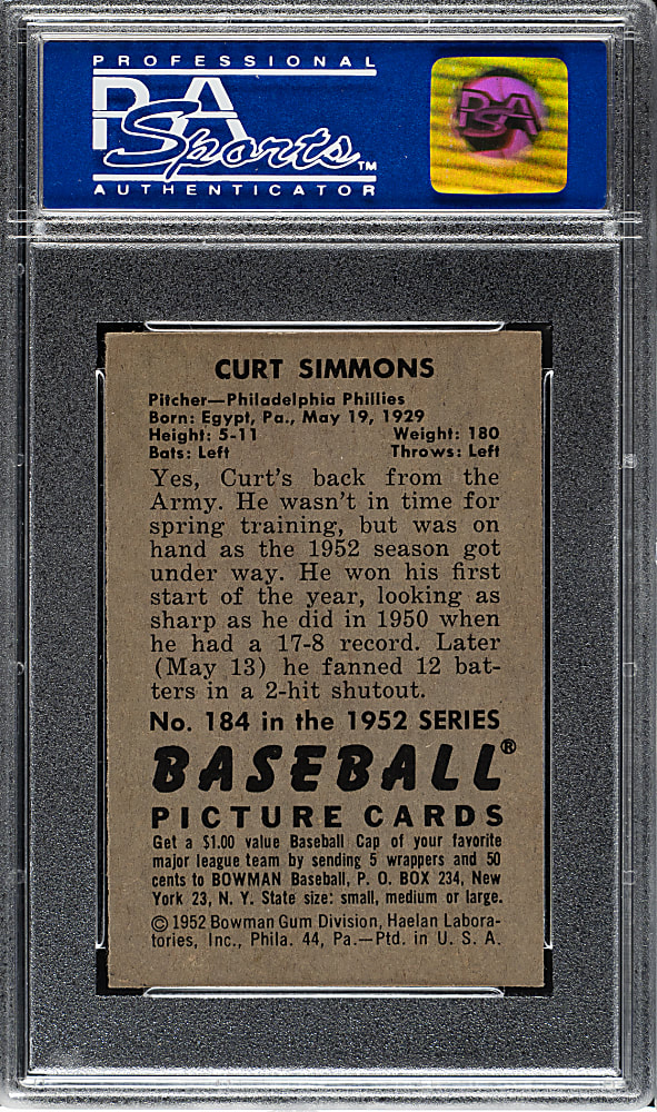 1952 Bowman #184 Curt Simmons PSA NM-MT 8