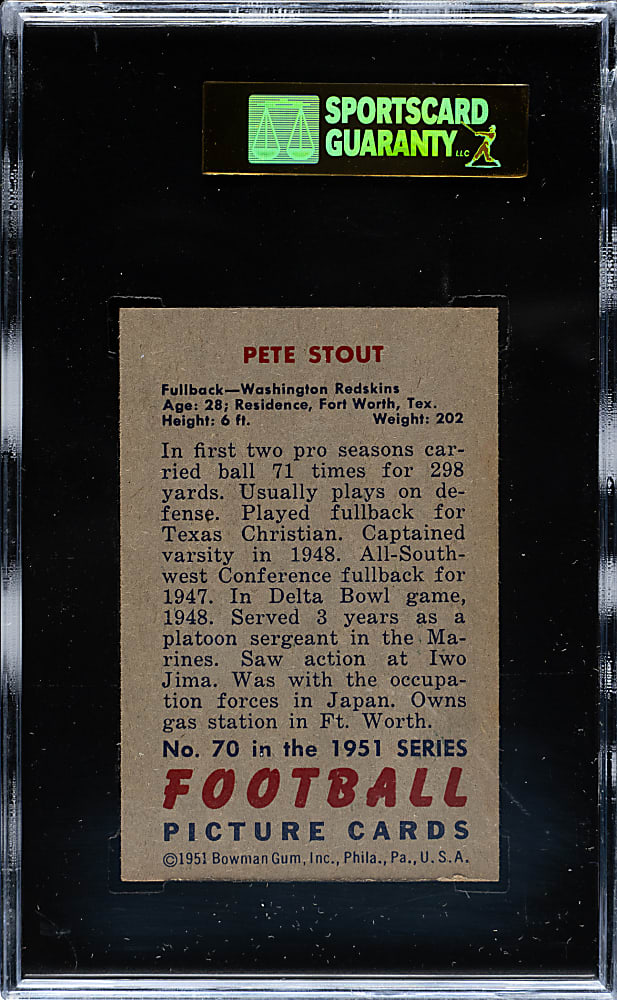 1951 Bowman Football #70 J.P. "Pete" Stout SGC NM/MT 88