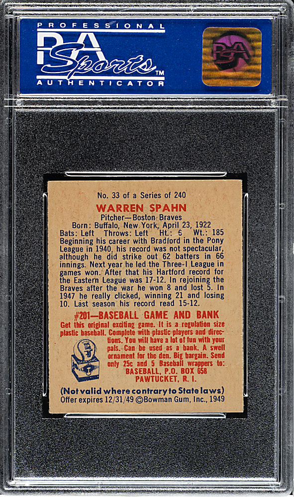 1949 Bowman #33 Warren Spahn PSA EX-MT 6 (MK)