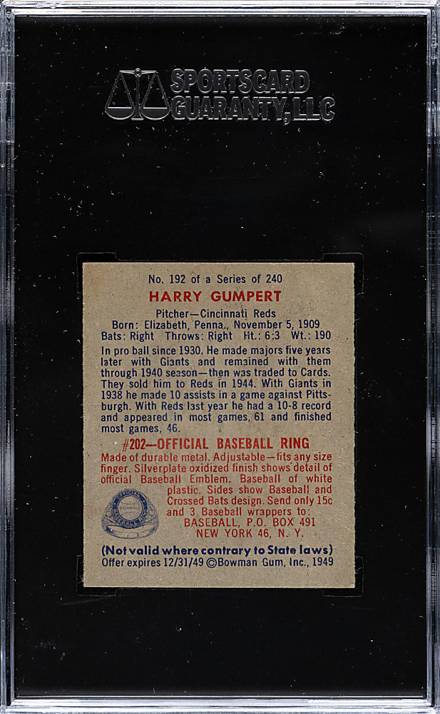 1949 Bowman #192 Harry Gumbert SGC NM/MT 88