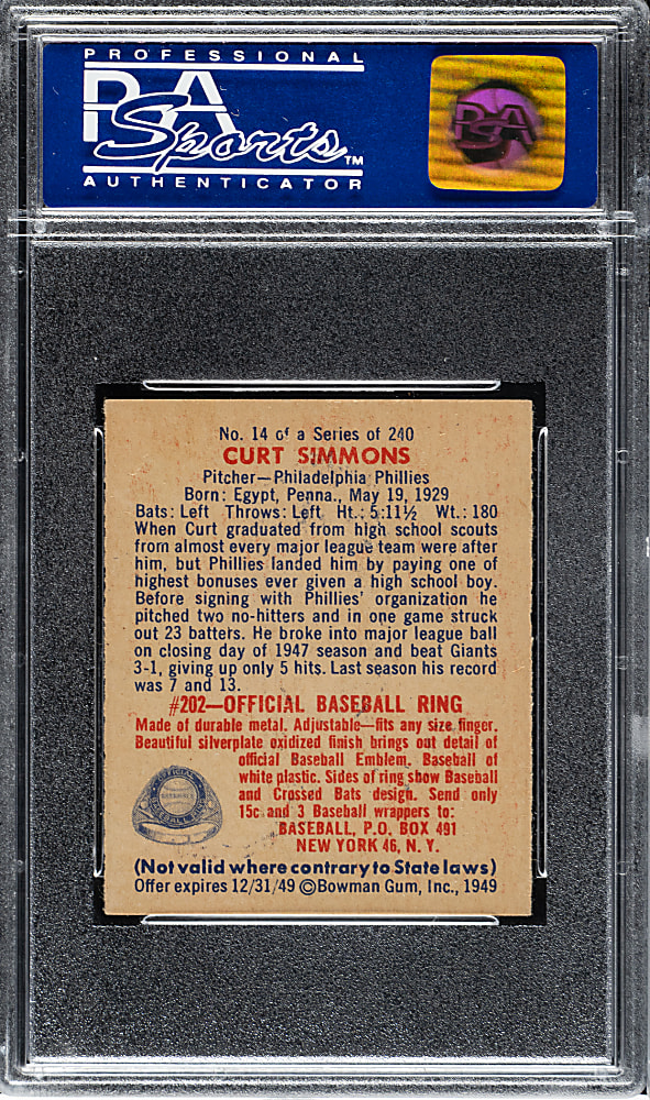 1949 Bowman #14 Curt Simmons PSA NM-MT 8
