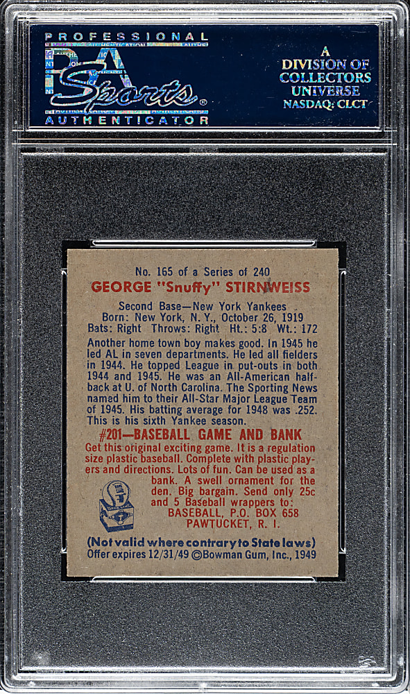 1949 Bowman #165 Snuffy Stirnweiss PSA NM-MT 8