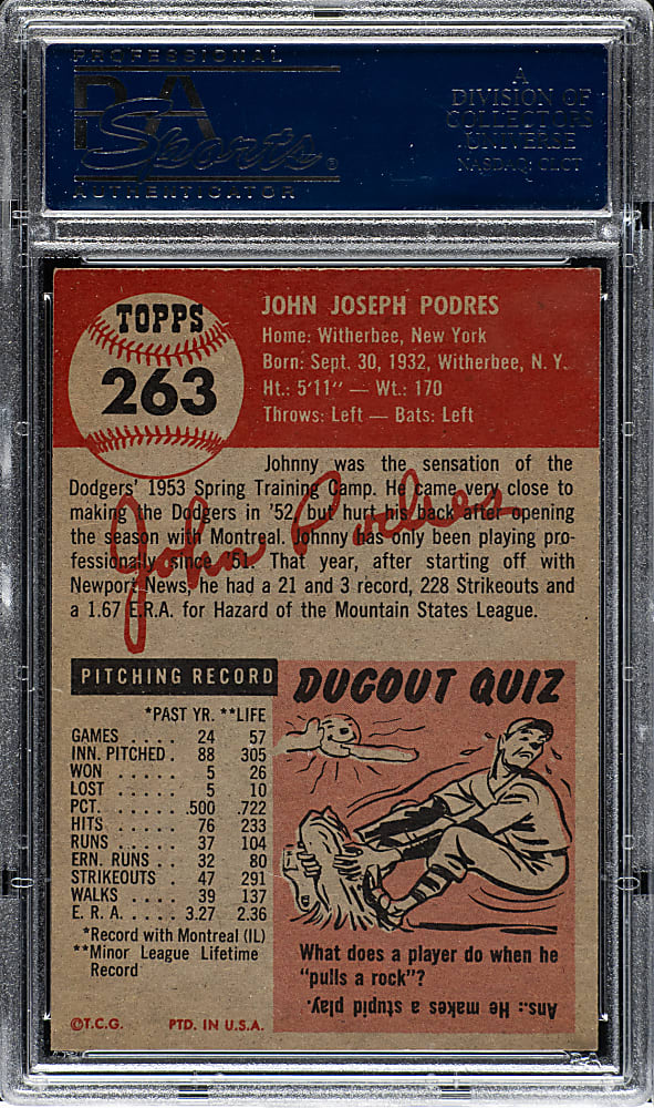 1953 Topps #263 Johnny Podres Rookie PSA EX-MT 6