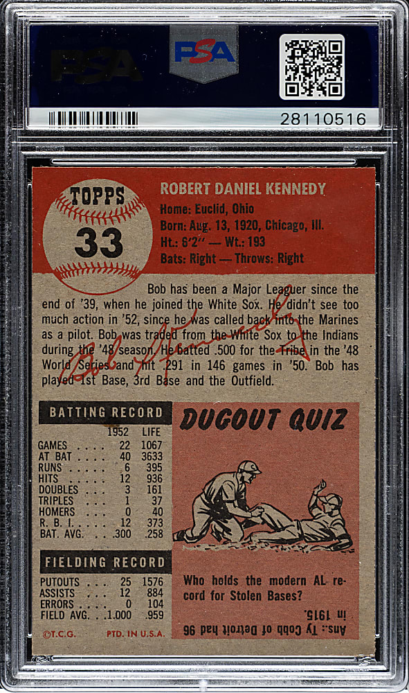 1953 Topps #33 Bob Kennedy PSA NM 7